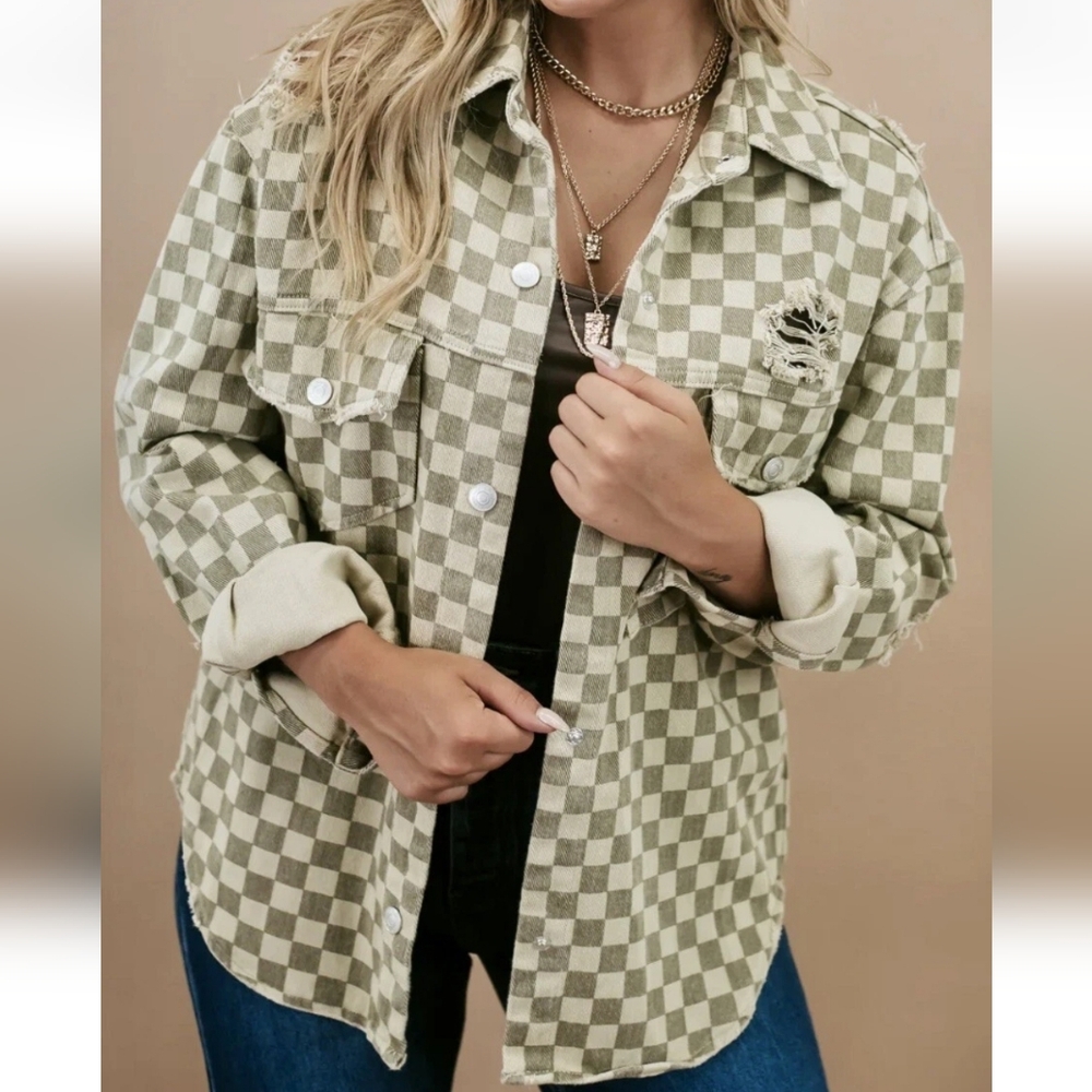 mittoshop Checkered Check The Scene Taupe  Distressed Jacket in Tan and Brown